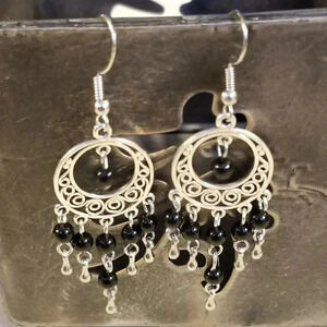 Handcrafted Natural Black Onyx Gemstone Antique Silver Chandelier Earrings
